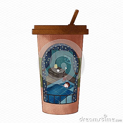 Hand painted beautiful cute style night girl sleeping coffee cup Cartoon Illustration